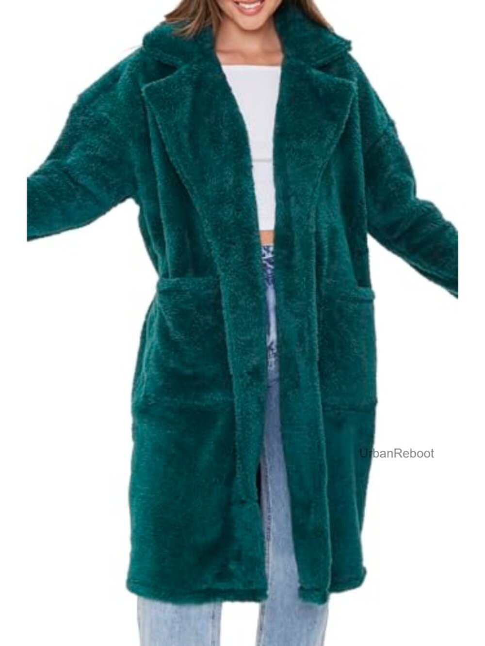 Faux Fur Teddy Coat Notched Lapel Button Front Patch Pockets